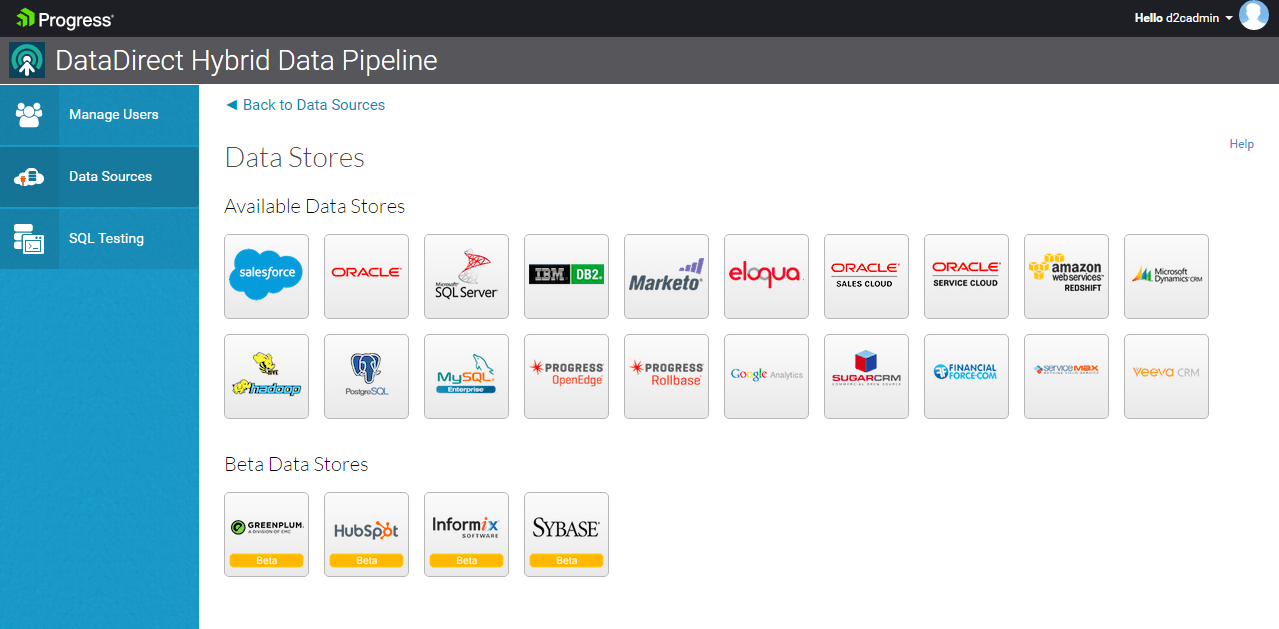 datastores supported in hybrid data pipeline