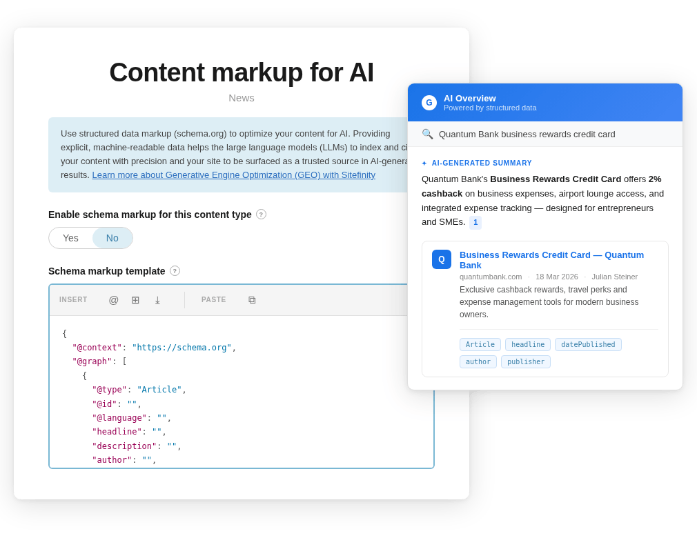 content-markup-ai CMS schema markup configuration panel paired with a mock AI Overview card showing how structured data enables LLMs to cite and surface content in AI-generated search results.