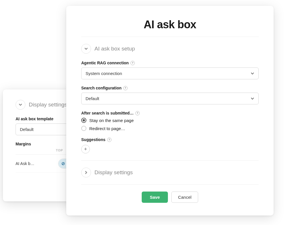 Dynamically Generated Experiences Setup Box CMS AI ask box configuration panels showing agentic RAG connection setup and display settings for dynamic page search experiences.