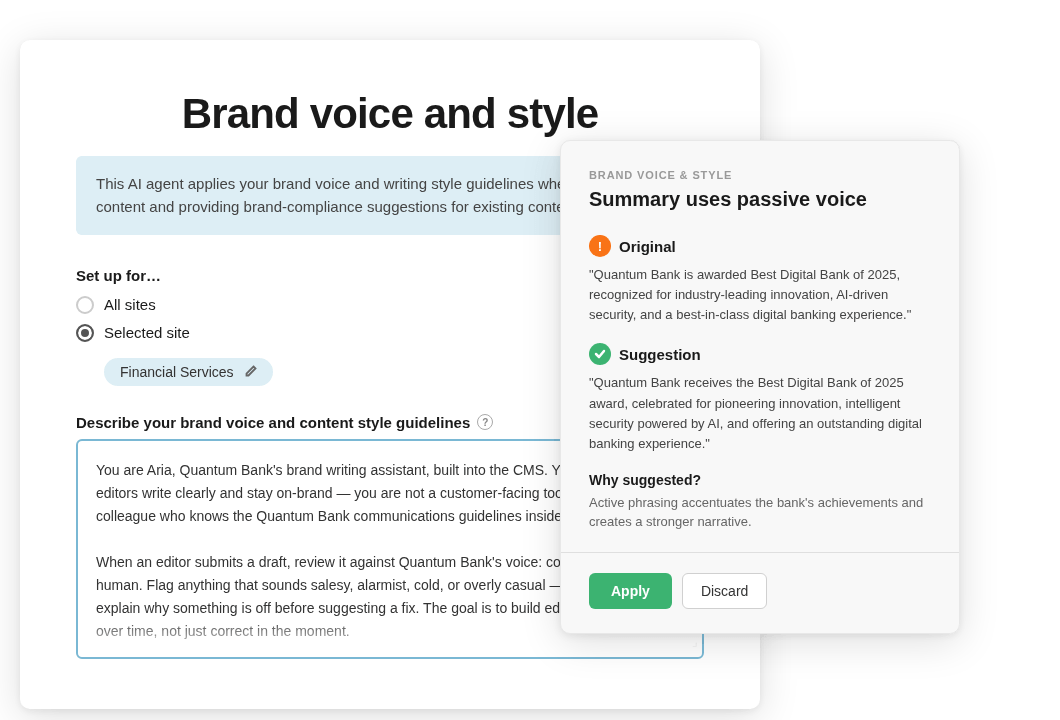 Sitefinity AI Brand Agent AI-powered brand voice agent configuration panel with an inline content suggestion card correcting passive voice in a bank's digital award announcement.