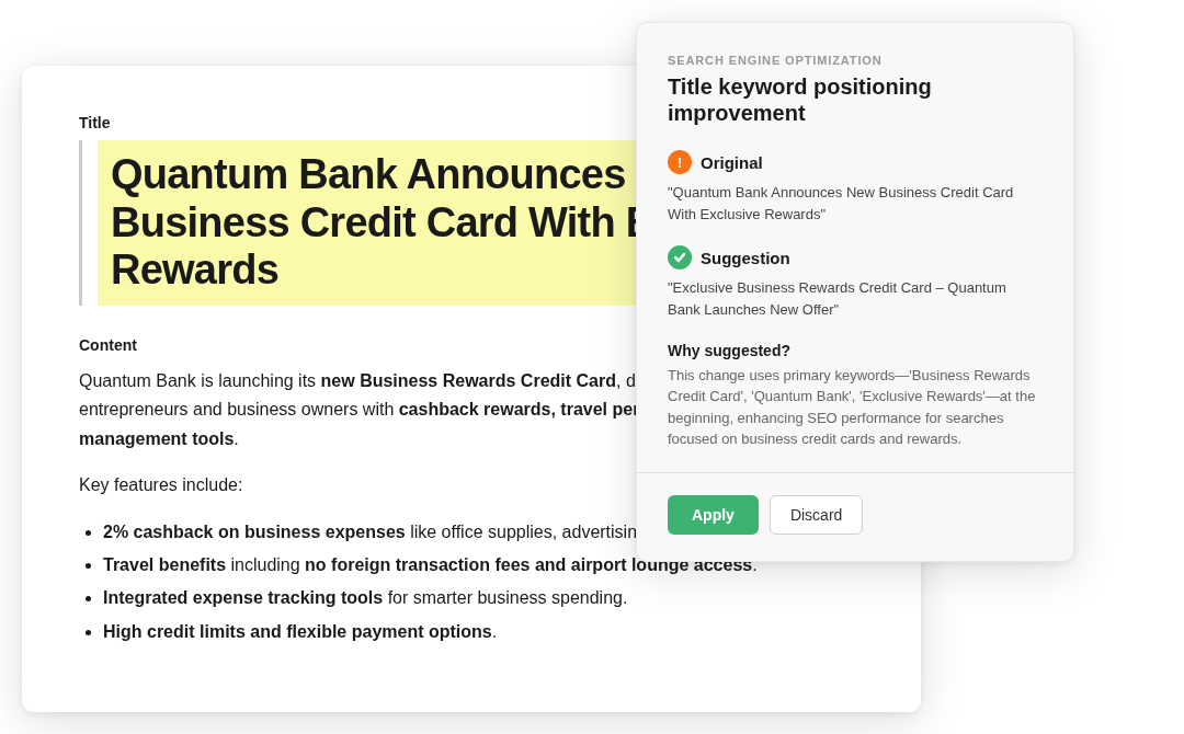 sitefinity-seo-agent CMS SEO agent suggesting keyword-first title rewrite for a bank's business credit card page to improve search ranking.