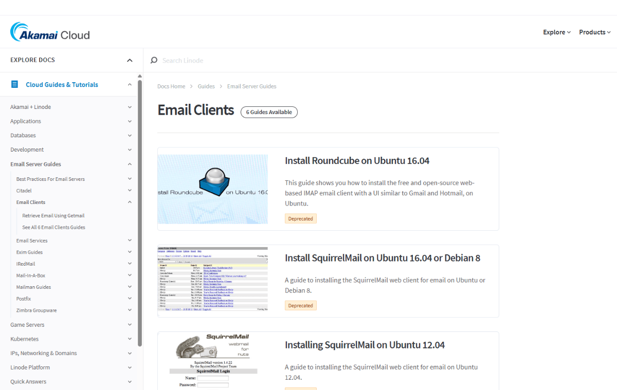A screenshot of the Akamai Cloud documentation center. Along the left side is a sidebar where users can “Explore Docs”. Currently, they’re looking at “Email Server Guides” and “Email Clients”.