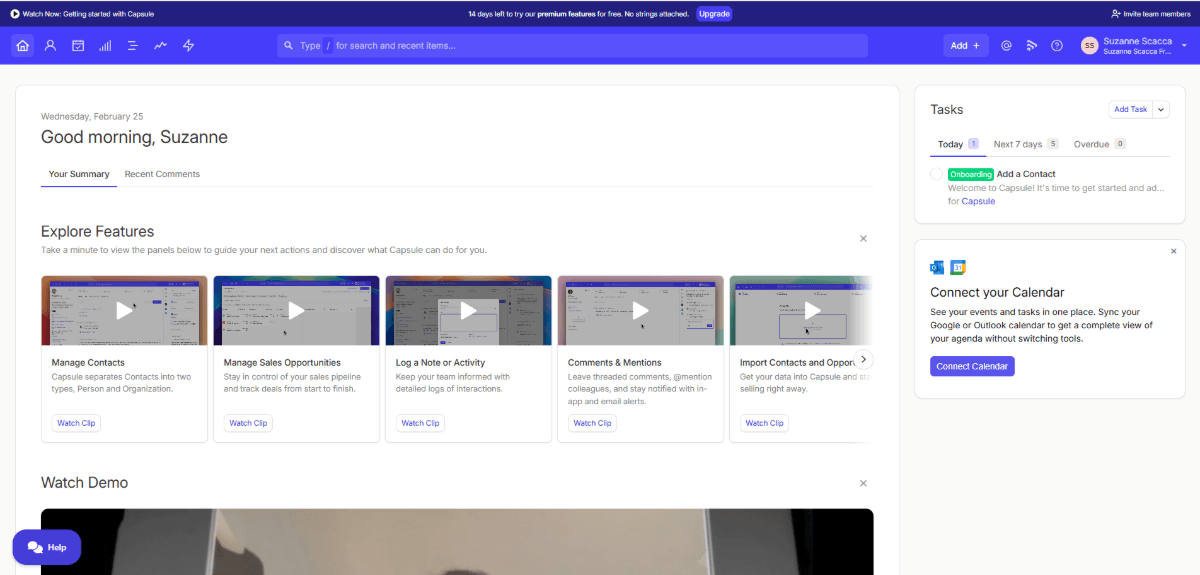Immediately after onboarding, Capsule CRM users enter the dashboard. The first screen has a personalized greeting, followed by a “Your Summary” tab. There are video tutorials that break down the features of the app, like Manage Contacts, Manage Sales Opportunities, and Log a Note or Activity.