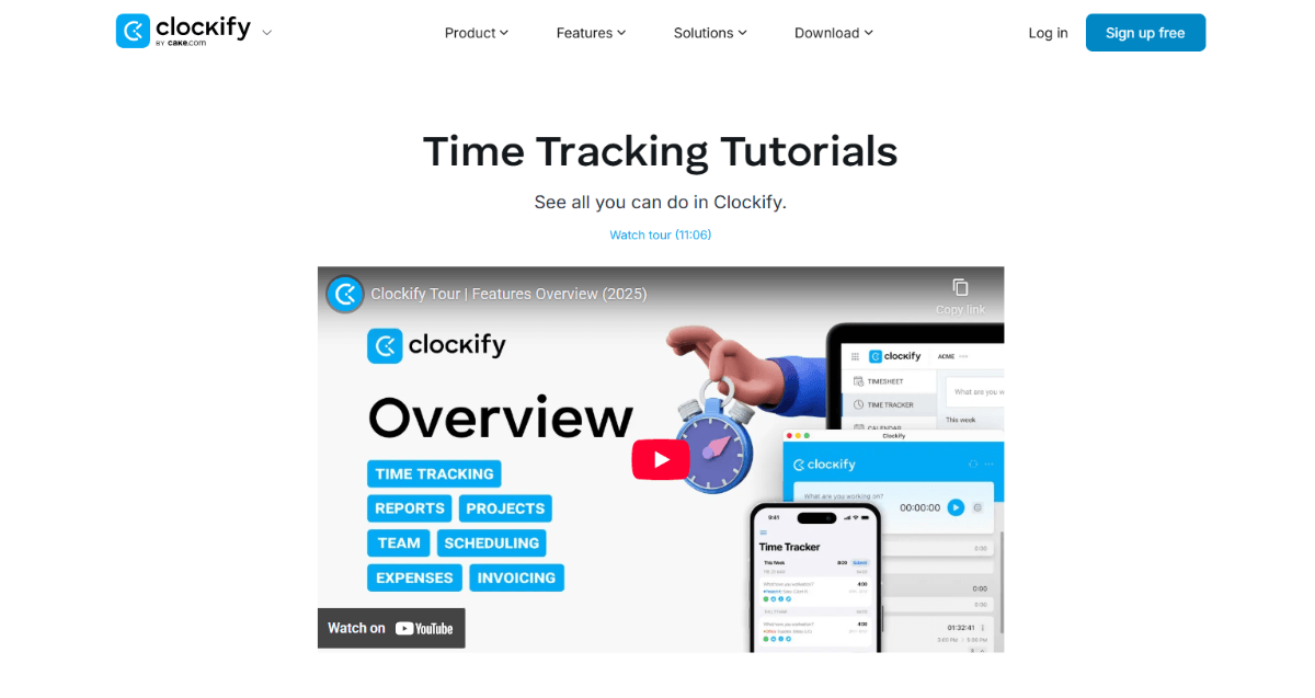 Clockify users interested in scheduling a demo or learning more about the time tracking software have access to time tracking tutorials like this one. Here we see the Clockify Overview video which explains how to use the following features: time tracking, reports, projects, team, scheduling, expenses, and invoicing.