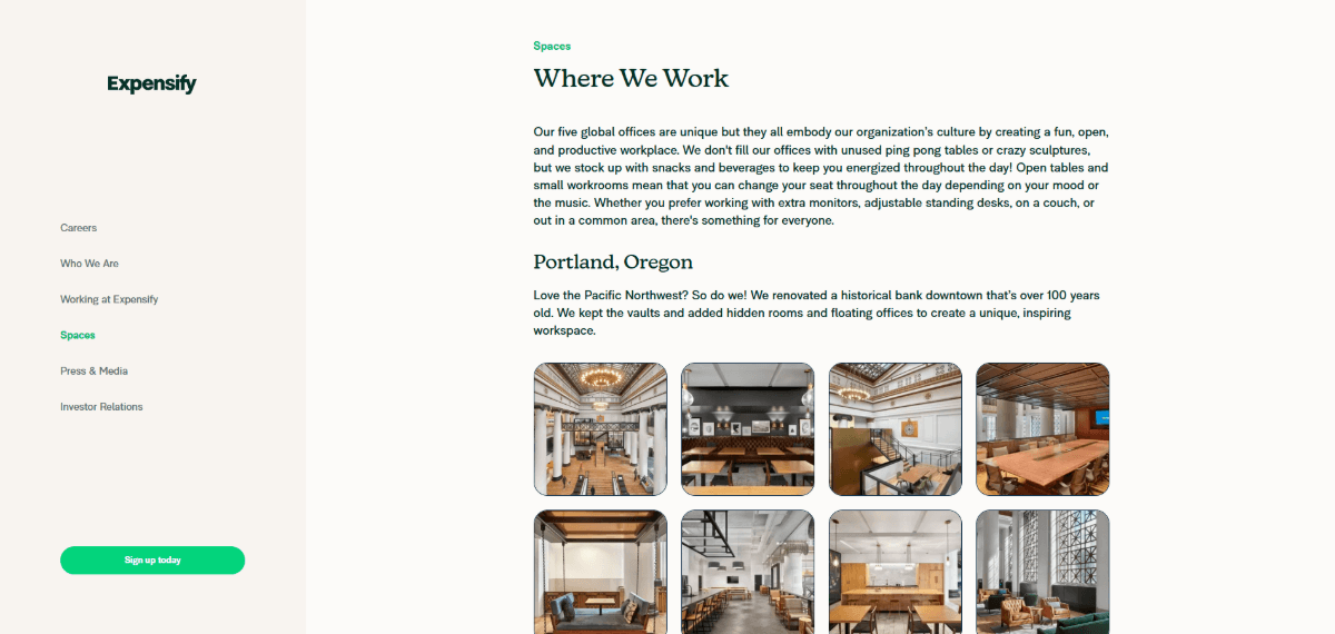 On the We Are Expensify subdomain, there is a sidebar along the left side of the page. The company logo is at the top and navigation links below it to: Careers, Who We Are, Working at Expensify, Spaces, Press & Media, and Investor Relations. At the very bottom is a button that says “Sign up today”.