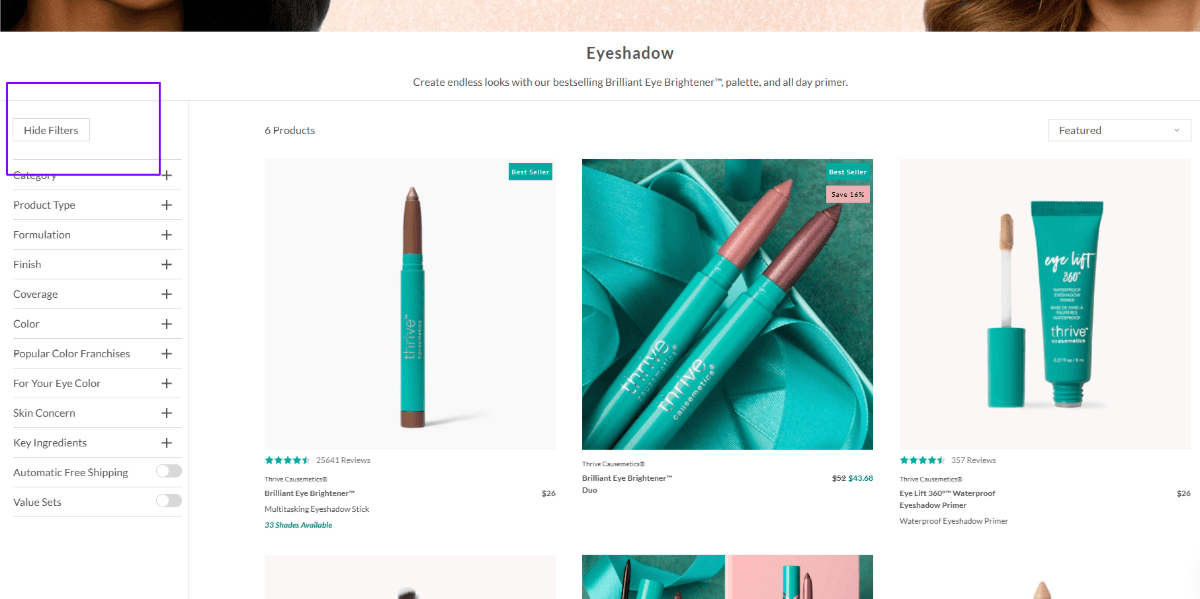 A screenshot of the Eyeshadow products page on the Thrive Causemetics website. Along the left side of the products is a sidebar containing all the filters. There’s a purple box around a button that reads “Hide Filters”.
