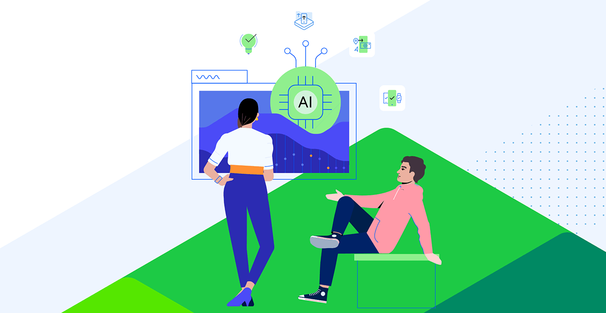 graphic of people interacting with AI on a screen