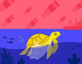 Graphic of sea turtle caught up in plastic