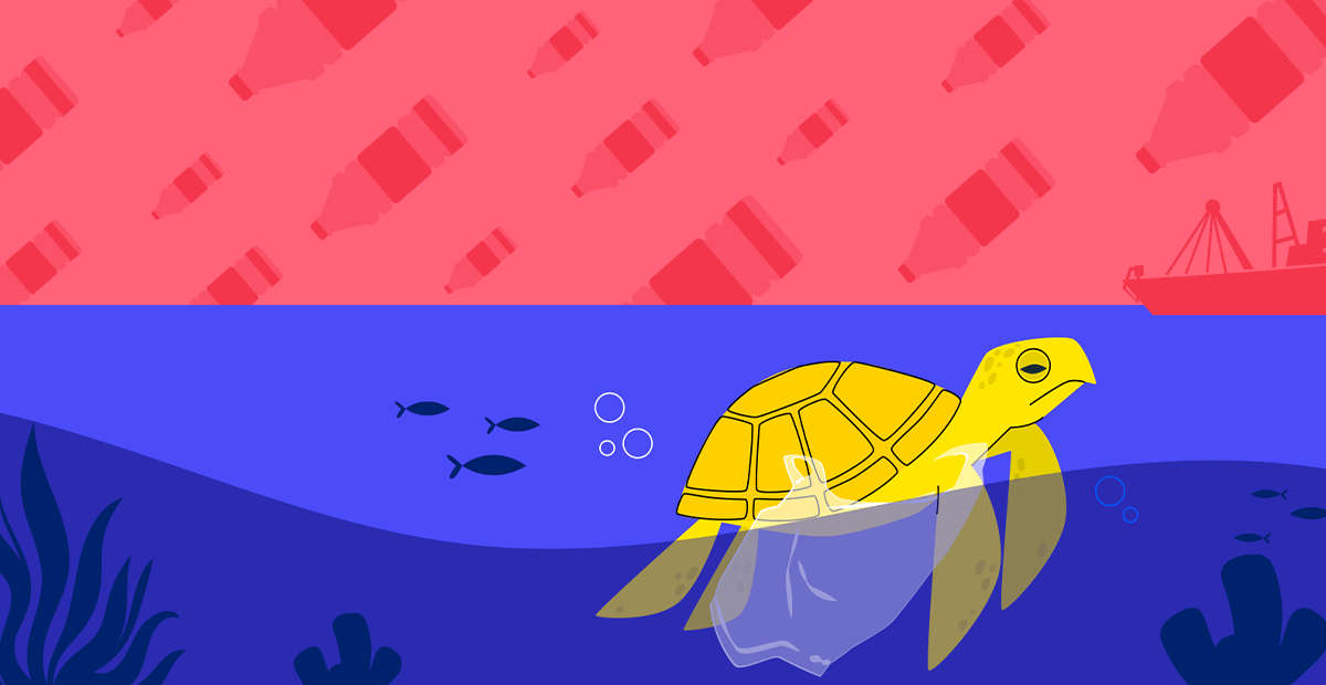 Graphic of turtle in ocean caught up in plastic