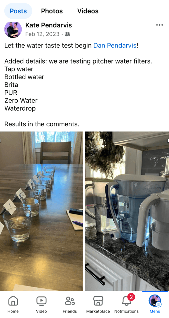 Social Post capturing Kate's Water Pitcher Test