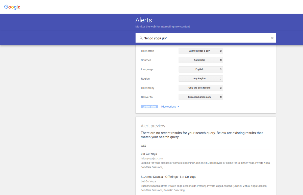 The Google Alerts customization page. The user enters their search query into the open field with quotation marks around it to get an exact match. They then configure settings related to How often, Sources, Language, Region, How many, and Deliver to. At the bottom, Google shows an Alert preview so the user can see what websites/links match the query.