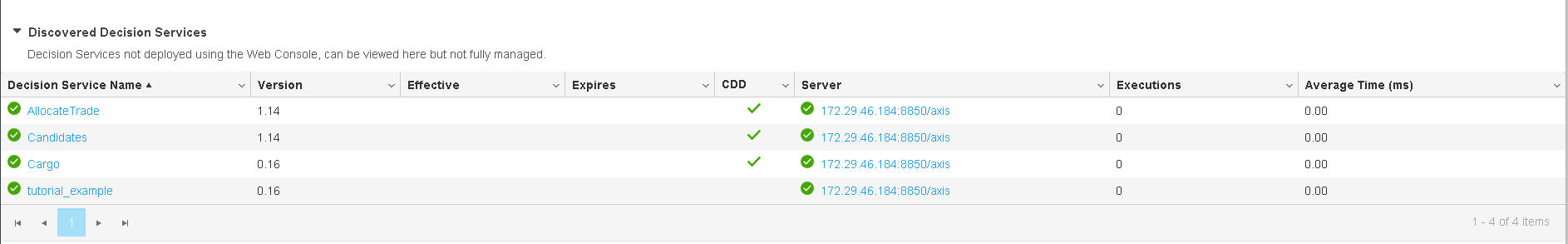 Corticon Web Console - Discovered Decision Services