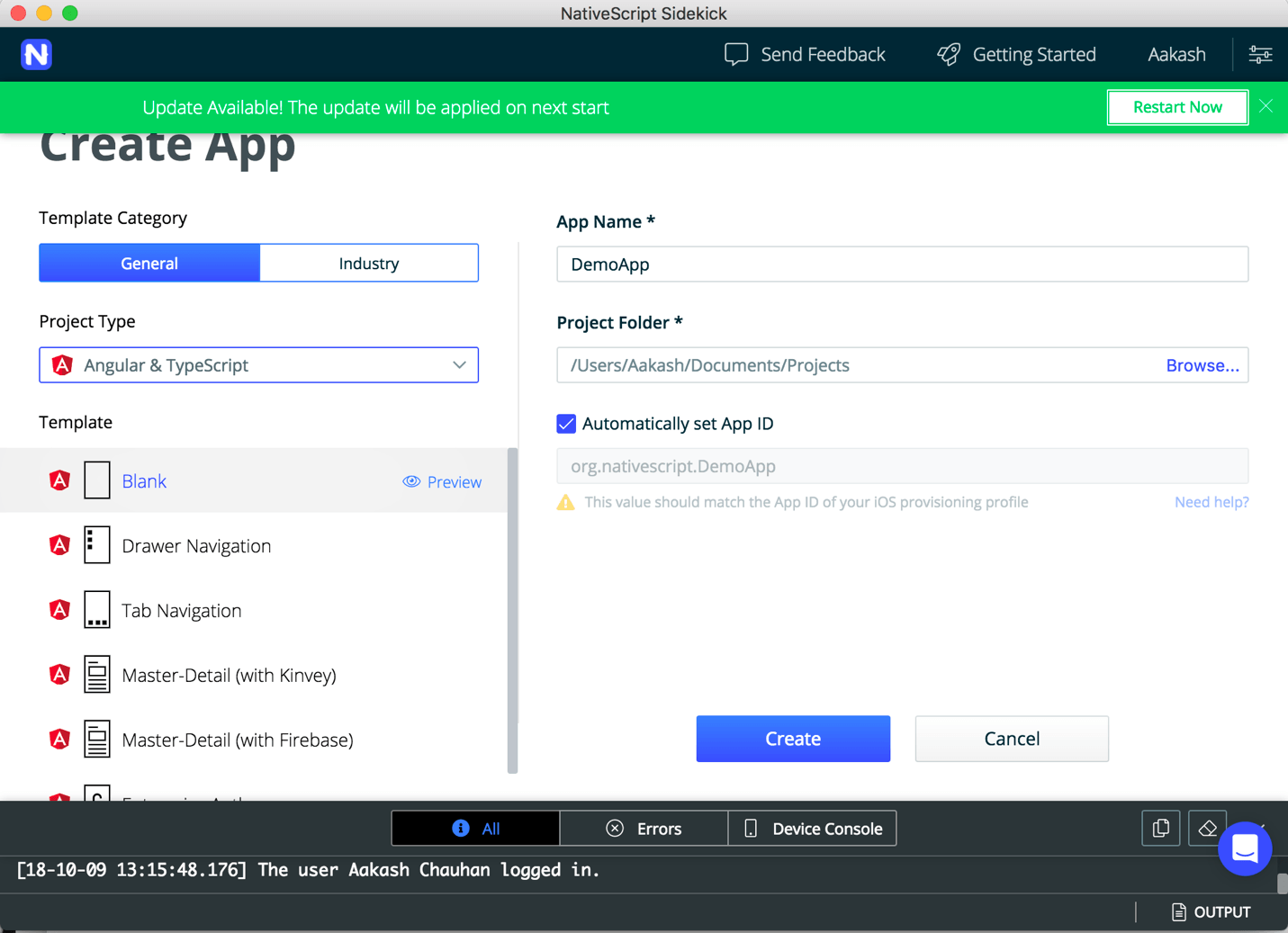 Add App NativeScript Sidekick