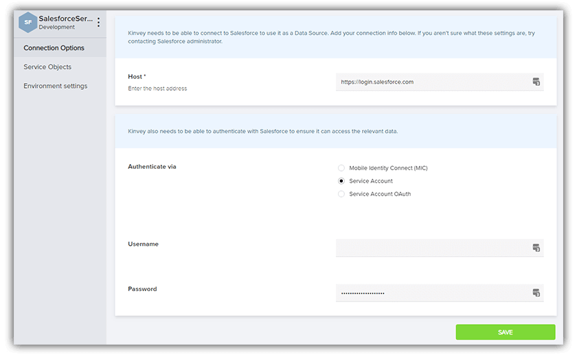 Kinvey Connection Settings for Salesforce