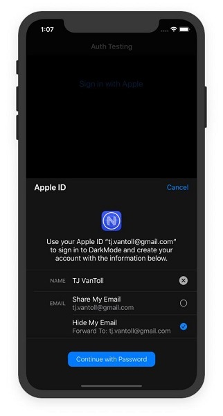An example of ‘Sign in with Apple’ in action in a sample app