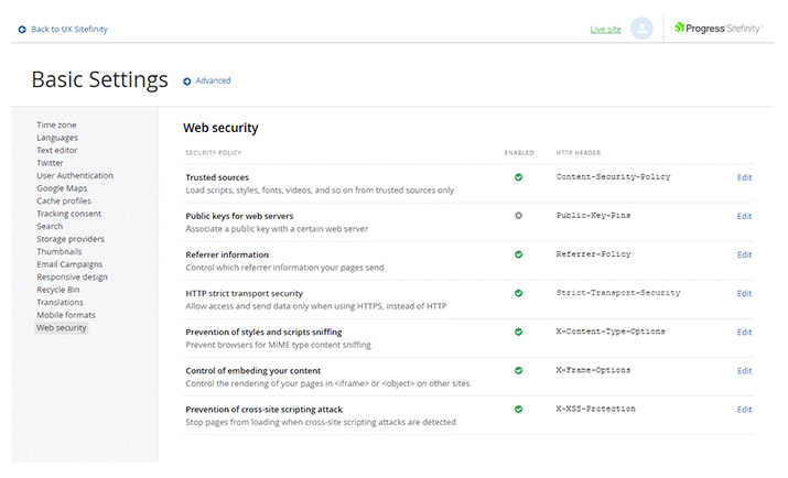 Sitefinity Security Settings