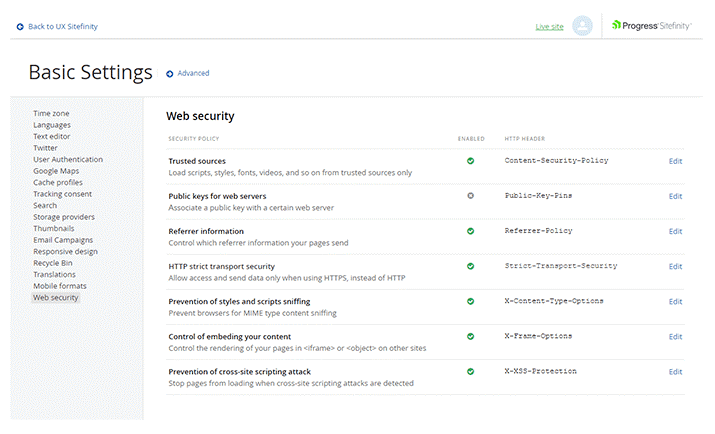 Sitefinity Security Settings Sitefinity Security Settings
