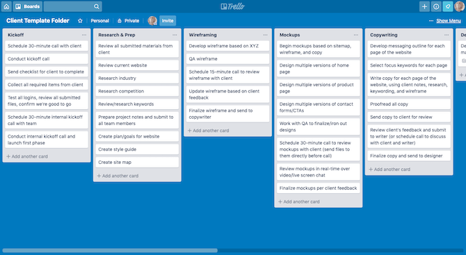 An example of a project in Trello