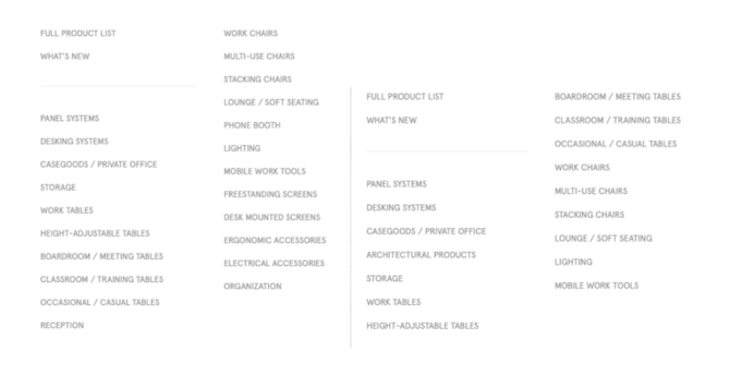 The Teknion website displays a different navigation with product categories depending on which country the customer is shopping from. This comparison shows the Canada navigation vs. Africa navigation.