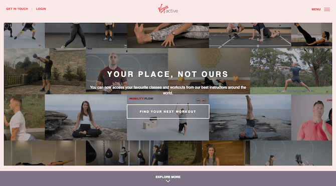 The Virgin Active UK website welcomes prospective club members and existing ones with relatable fitness imagery and "Your Place, Not Ours".
