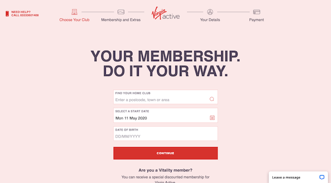 The first page of the Virgin Active UK membership signup and portal that encourages leads to become active club members with 