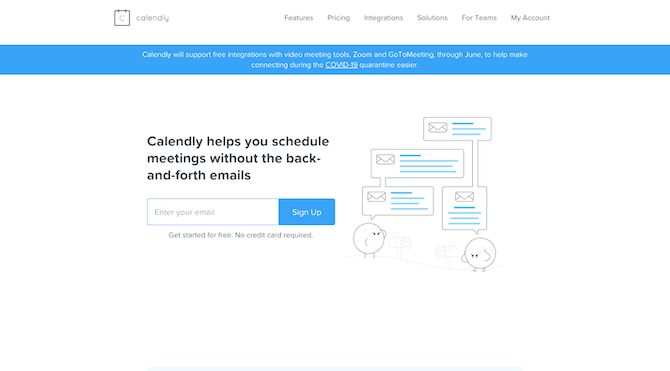 The Calendly home page keeps the design and message simple: "schedule meetings without the back-and-forth emails".