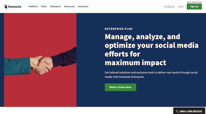 Hootsuite introduces users to its Enterprise plan with a focus on the goal: "Manage, analyze, and optimize your social media efforts for maximum impact"