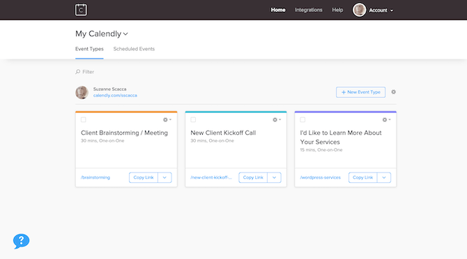 The Calendly dashboard gives users a quick overview of their event types, quick-copy links, as well as the ability to go in and edit each.