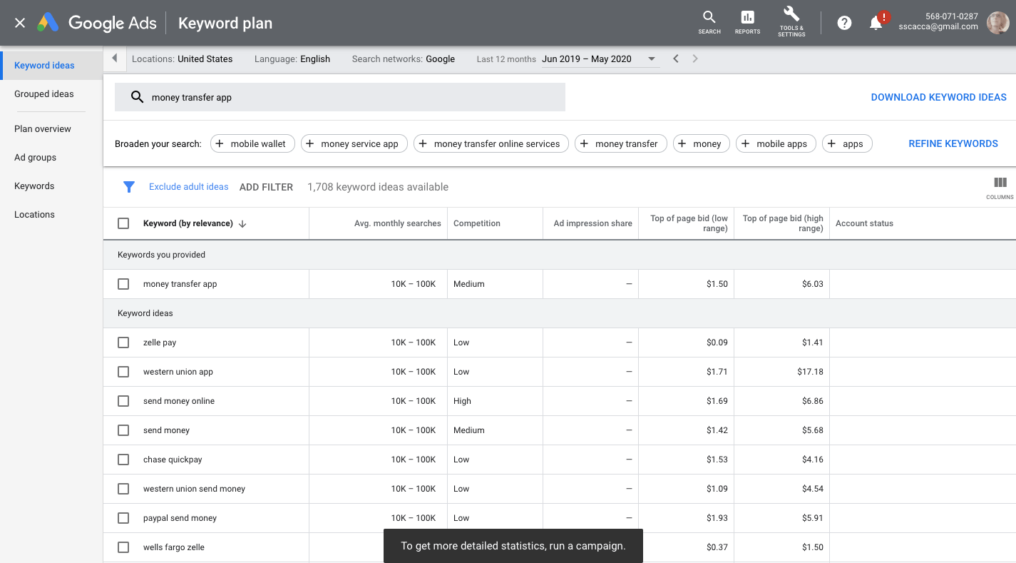 Google Keyword Planner search for ‘money transfer app