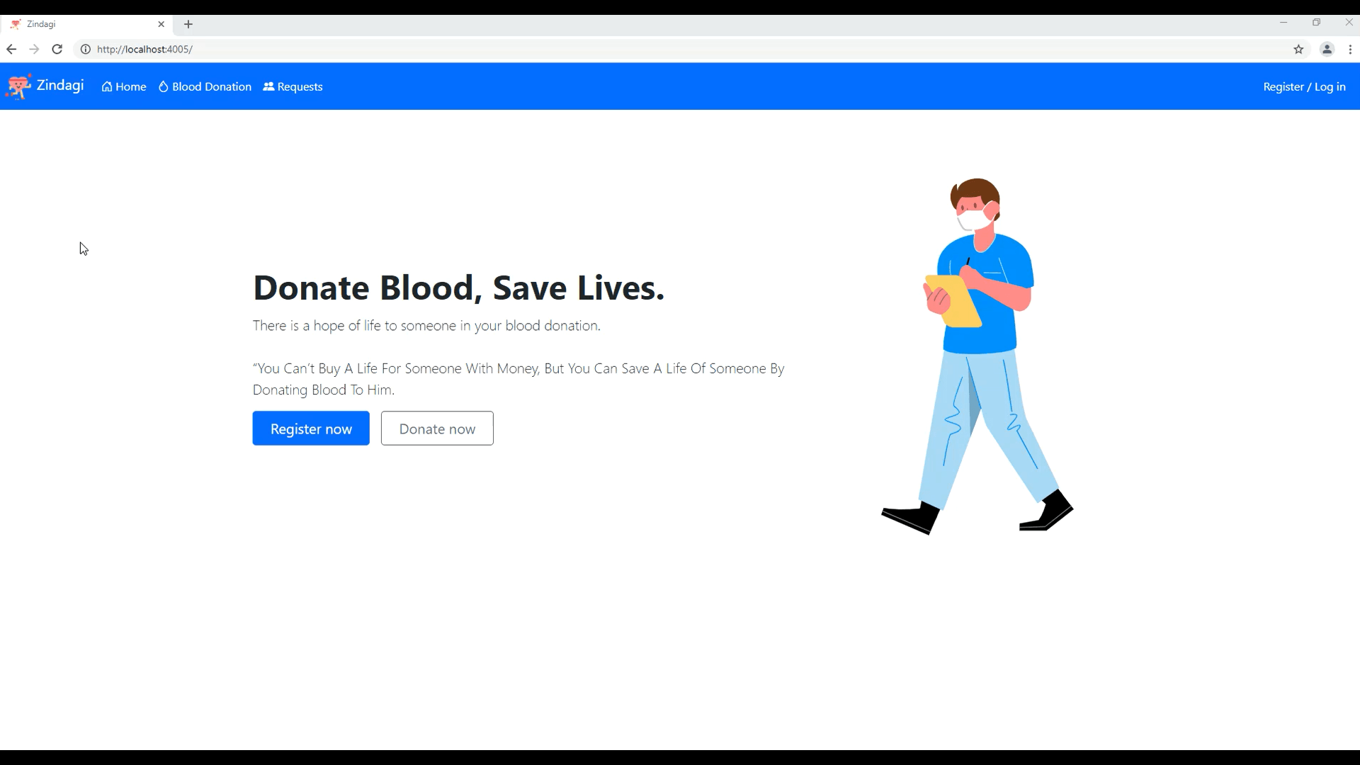 Zindagi homepage says, 'Donate Blood, Save Lives.' and has buttons for Register Now and Contact Us
