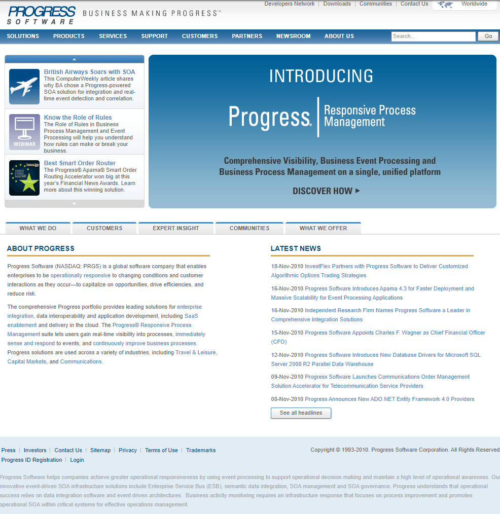 Progress Software Homepage Website Design in 2010