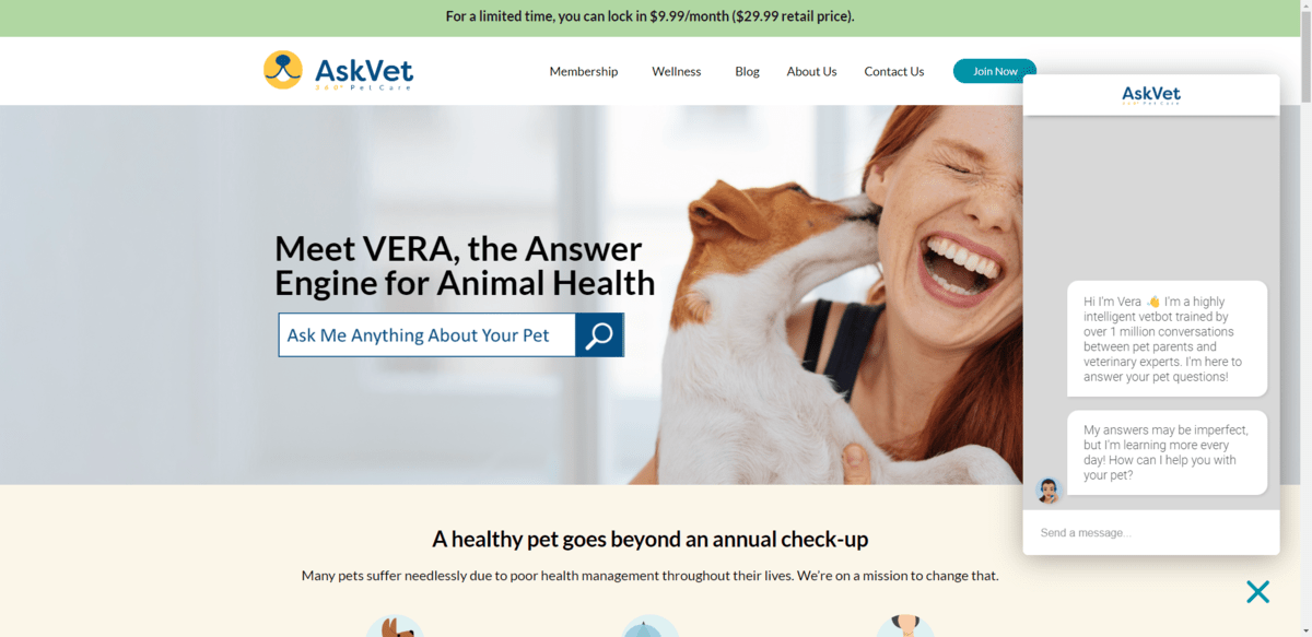 On the AskVet website, a chatbot named Vera appears when you click on the button in the bottom-right corner. This “vetbot” claims to have been “trained by over 1 million conversations between pet parents and veterinary experts”. On the AskVet website, a chatbot named Vera appears when you click on the button in the bottom-right corner. This “vetbot” claims to have been “trained by over 1 million conversations between pet parents and veterinary experts”.