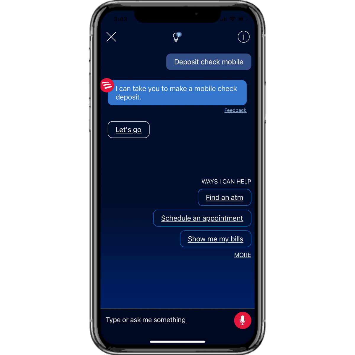 A screenshot from an iPhone 12 shows what the Bank of America “Erica” chatbot looks like inside of customers’ mobile apps. The bot can help users, for instance, make a bank deposit  by: finding an atm, scheduling an appointment, showing me my bills.