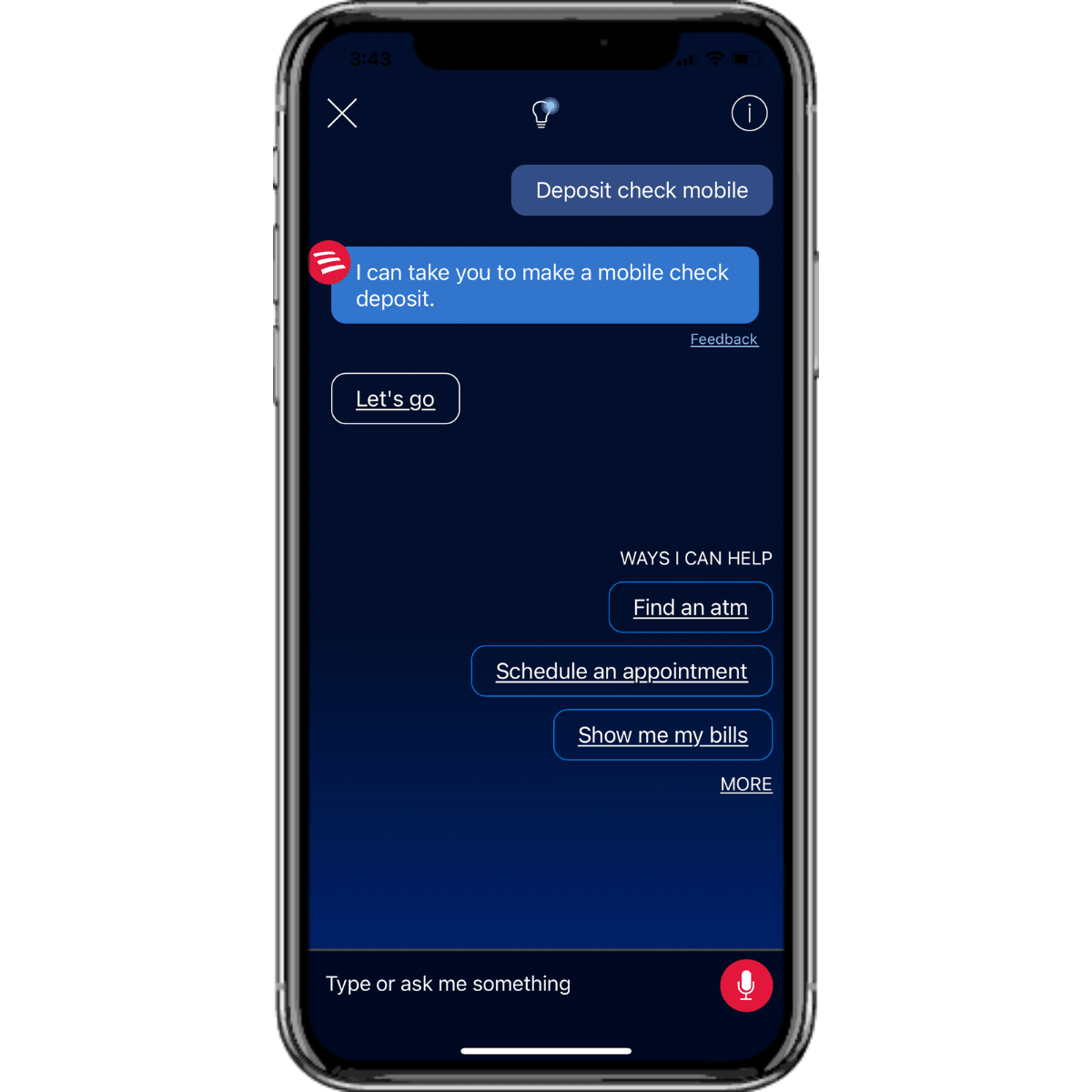 A screenshot from an iPhone 12 shows what the Bank of America “Erica” chatbot looks like inside of customers’ mobile apps. The bot can help users, for instance, make a bank deposit by: finding an atm, scheduling an appointment, showing me my bills. A screenshot from an iPhone 12 shows what the Bank of America “Erica” chatbot looks like inside of customers’ mobile apps. The bot can help users, for instance, make a bank deposit by: finding an atm, scheduling an appointment, showing me my bills.