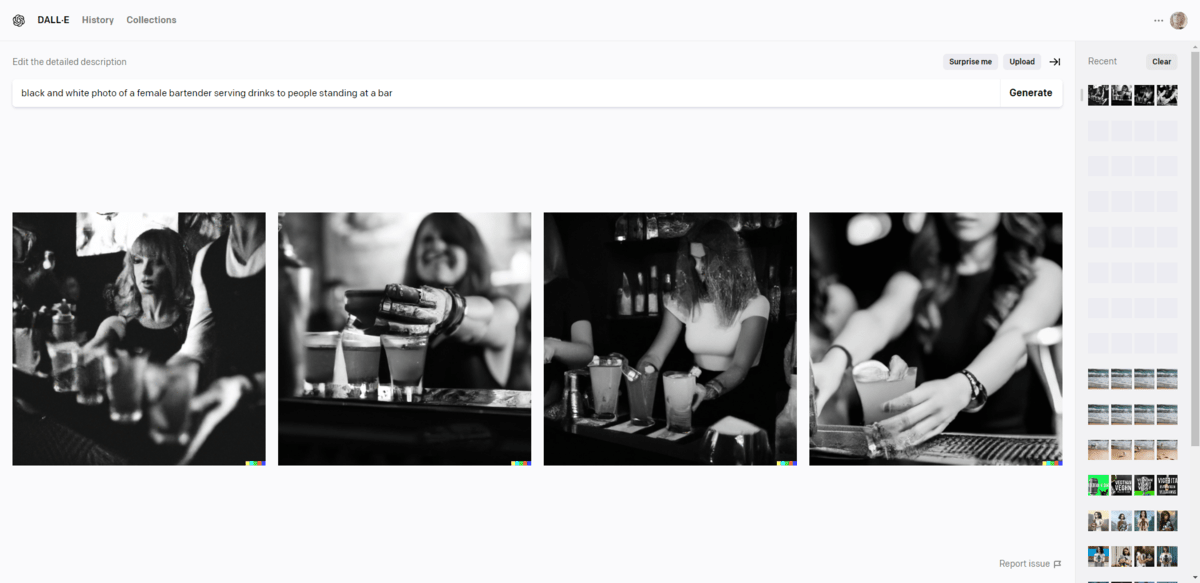 I asked DALL-E to create a “black and white photo of a female bartender serving drinks to people standing at a bar”. I got four images of women bartenders, but their faces are mostly distorted as are their hands.