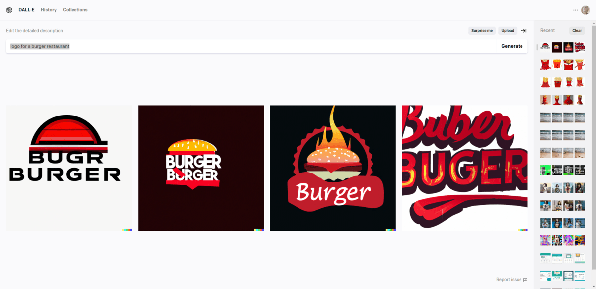 I asked DALL-E to create a “logo for a burger restaurant”. It came up with four logo designs using the color red and burger icons. I asked DALL-E to create a “logo for a burger restaurant”. It came up with four logo designs using the color red and burger icons.