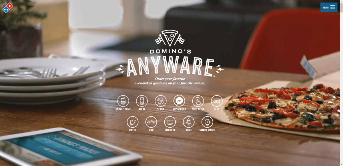 The landing page for Domino’s Anyware. This ordering bot technology has been programmed into voice and text interfaces like Google Home, Alexa, Slack, and Messenger. The landing page for Domino’s Anyware. This ordering bot technology has been programmed into voice and text interfaces like Google Home, Alexa, Slack, and Messenger.