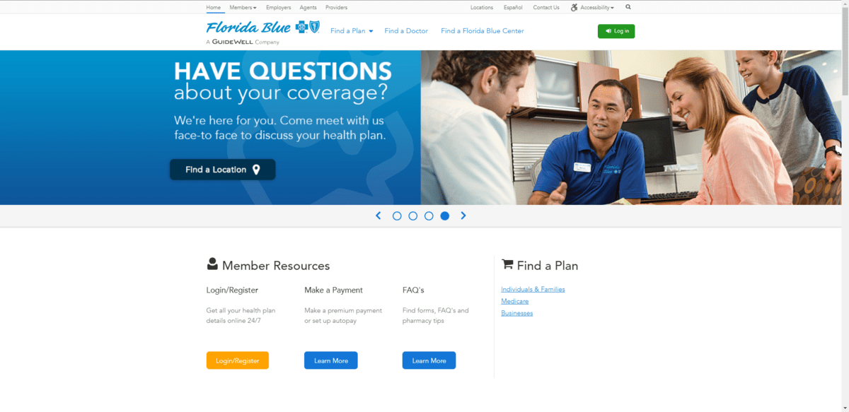 The hero section on the Florida Blue homepage in 2018. It shows a slider banner with the title “Have questions about your coverage?” in white font. The text sits against a dark blue, textured background. To the right of the text column is an image of a man in a dark blue shirt, a woman in a pink shirt, and a young boy in a baseball shirt speaking with a doctor in a white coat..