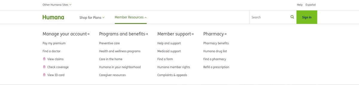 A look at the Member Resources dropdown menu in the Humana website navigation. There are page categories for Manage your account, Programs and benefits, Member support, and Pharmacy.