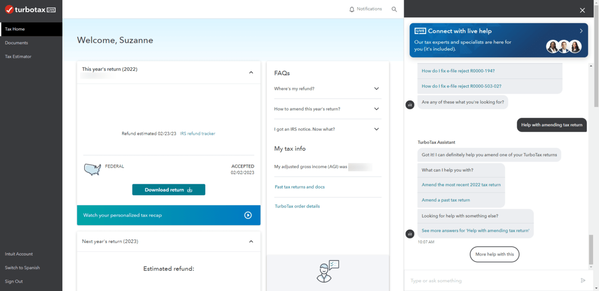 Inside the TurboTax web app, logged in users can open the chat widget and ask the virtual assistant for help with things like amending a tax return before speaking to a live support representative.
