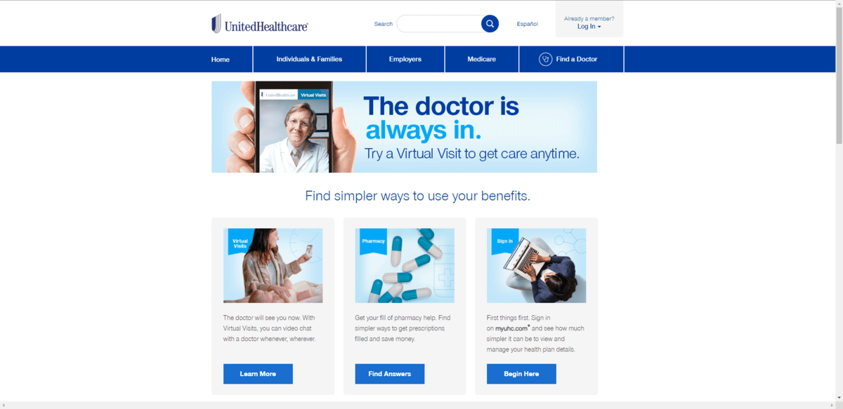 A look at the imagery on the United Healthcare home page in 2018. At the top is a hand holding a phone with a photo of a smiling doctor on it. Below it are three photos: a woman caring for her baby while video interfacing on her phone, a bunch of blue and white capsules laid out on a surface, and an overhead shot of a woman on her laptop.