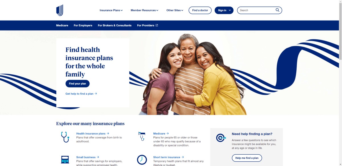 United Healthcare home page in 2023. The hero section title reads: “Find health insurance plans for the whole family”. There’s a photo of three women smiling and hugging one another. It appears to be a grandmother, mother, and teenaged child.