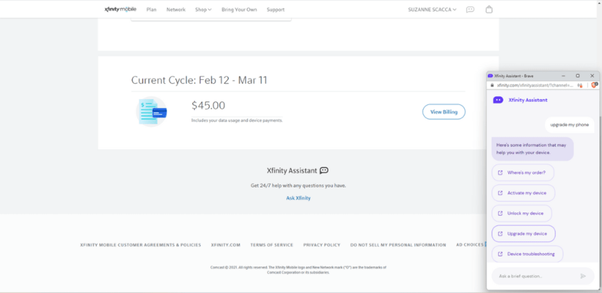 Xfinity customers looking for support inside the app have access to the Xfinity Assistant. This chatbot can provide them with information about their service as well as to set them up with a new service or device.