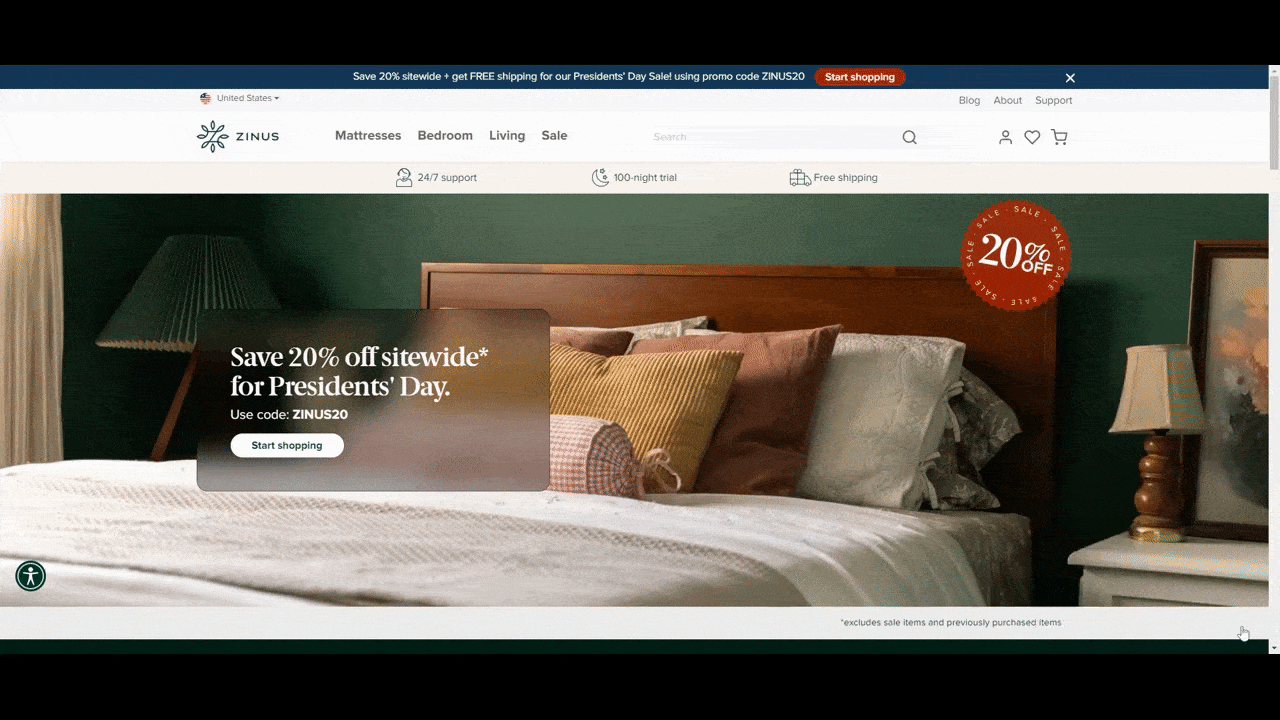 A demonstration of how the chatbot on the Zinus website works. The visitor asks for help finding a bedframe. The chatbot first gives them options to choose from, including Mattresses, Toppers, and Frames and Foundations. It then points them to some pages where frames are. A demonstration of how the chatbot on the Zinus website works. The visitor asks for help finding a bedframe. The chatbot first gives them options to choose from, including Mattresses, Toppers, and Frames and Foundations. It then points them to some pages where frames are.
