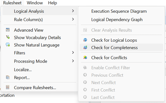 Rulesheet menu - Logical Analysis - menu options include execution sequence diagram, Logical Dependency Graph, clear analysis results, check for logical loops, check for completeness, check for conflicts, etc.