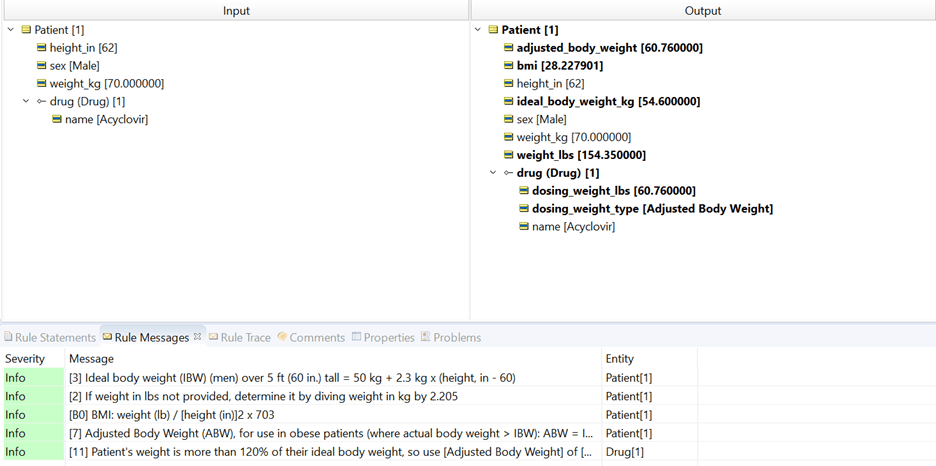 Patient input and output with height, sex, weight, drug. Drug uses adjusted body weight