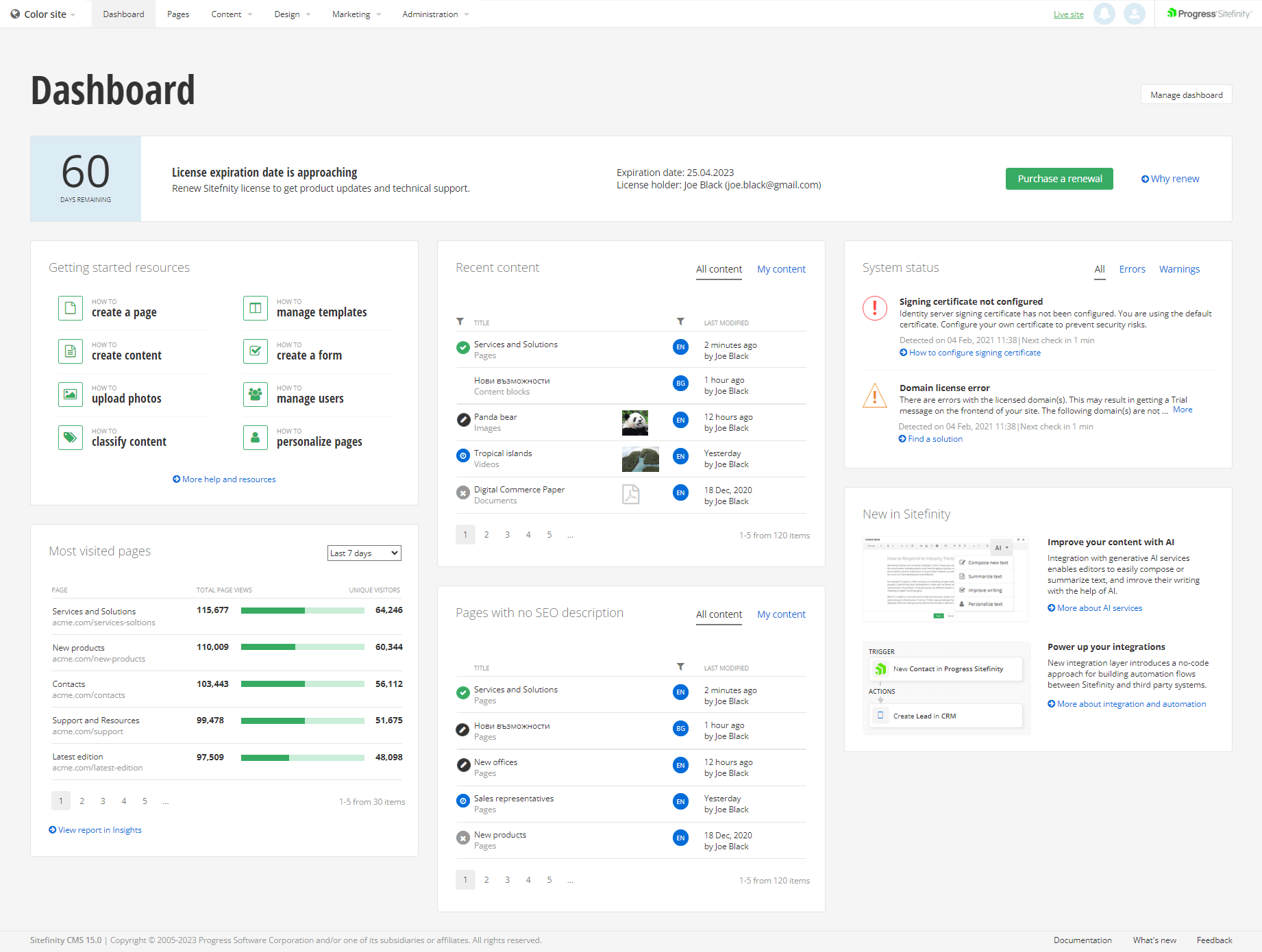 Redesigned Sitefinity Dashboard 