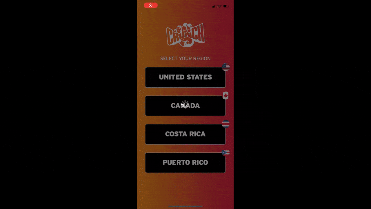 A GIF shows a walkthrough of the Crunch Fitness mobile app as a guest. First, they have to choose the country they’re located in. Then they see a note about the app connected to their fitness tracker. As a guest, they’re able to peruse the entirety of the app to see what the features are, to look up class schedules, and get a sense for the value of the gym membership.