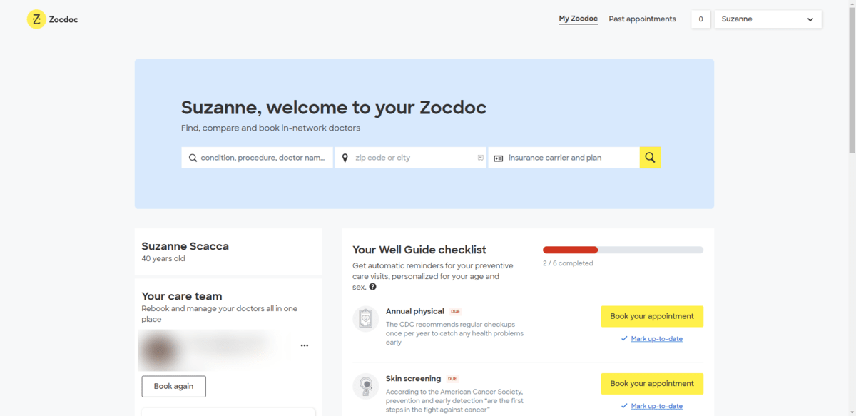 A screenshot from the Zocdoc home screen. At the top is a simplified header with links to My Zocdoc, Past appointments, notifications, and settings. Down below is a search bar for providers, info on the user and their current providers, as well as a Your Well Guide checklist.
