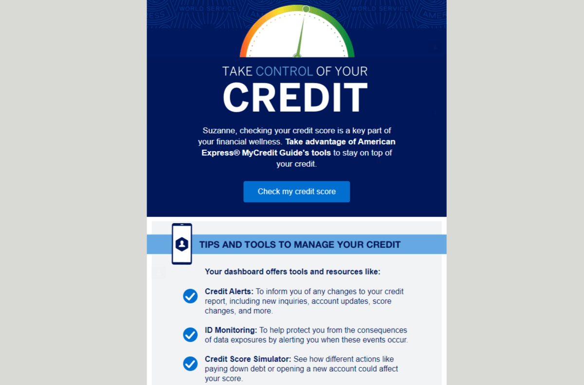 A snapshot of the top of a newsletter from American Express called “Take Control of Your Credit”. It includes a button to check my credit score on the AmEx website along with tips and tools to help the user manage their credit. 